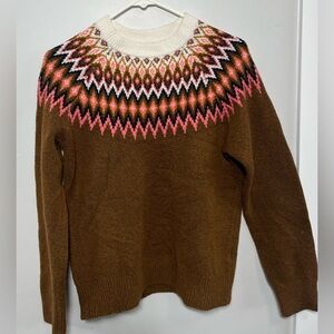 Fair Isle Nordic Knit Sweater Brown Pink Cream Women’s Small Cozy Pullover